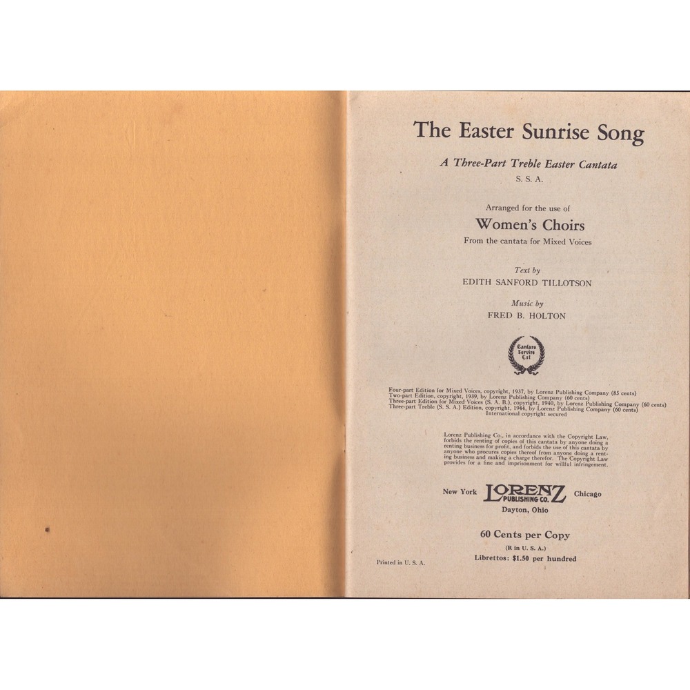 The Easter Sunrise Song Fred B Holton 1944 SSA Women's Choir Cantata Sheet Music - Picture 3 of 3